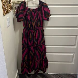 Magenta, Black and Burnt Orange ikat pattern dress